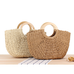 A Drop-Shipping Wooden Handle Carrying Straw Woven Paper Rope Hand-Woven Beach Bag Sen Series Solid Color Large-Capacity Female Bag