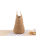 A Drop-Shipping Wooden Handle Carrying Straw Woven Paper Rope Hand-Woven Beach Bag Sen Series Solid Color Large-Capacity Female Bag