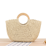 A Drop-Shipping Wooden Handle Carrying Straw Woven Paper Rope Hand-Woven Beach Bag Sen Series Solid Color Large-Capacity Female Bag