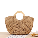 A Drop-Shipping Wooden Handle Carrying Straw Woven Paper Rope Hand-Woven Beach Bag Sen Series Solid Color Large-Capacity Female Bag