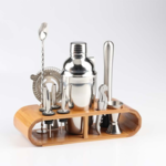 Stainless Steel Cocktail Shaker  with Wooden Stand for Home Bar Party