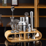 Stainless Steel Cocktail Shaker  with Wooden Stand for Home Bar Party